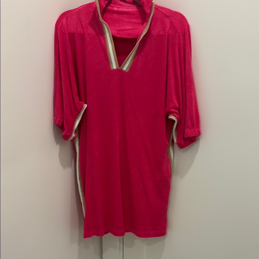 Emily Mc Carthy cute vibrant Pink Terrycloth Tunic dress with Gold Trim- size M